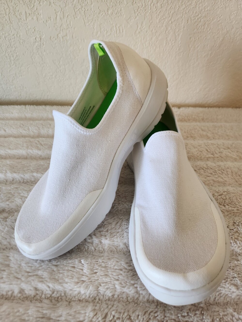 White Slip-On Canvas Sneakers with Lime Green Lining
